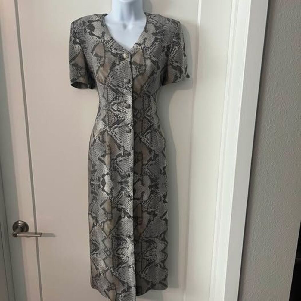 Vintage 90s Leslie Fay Snakeskin Button Down Midi Dress Office Siren Sheath M